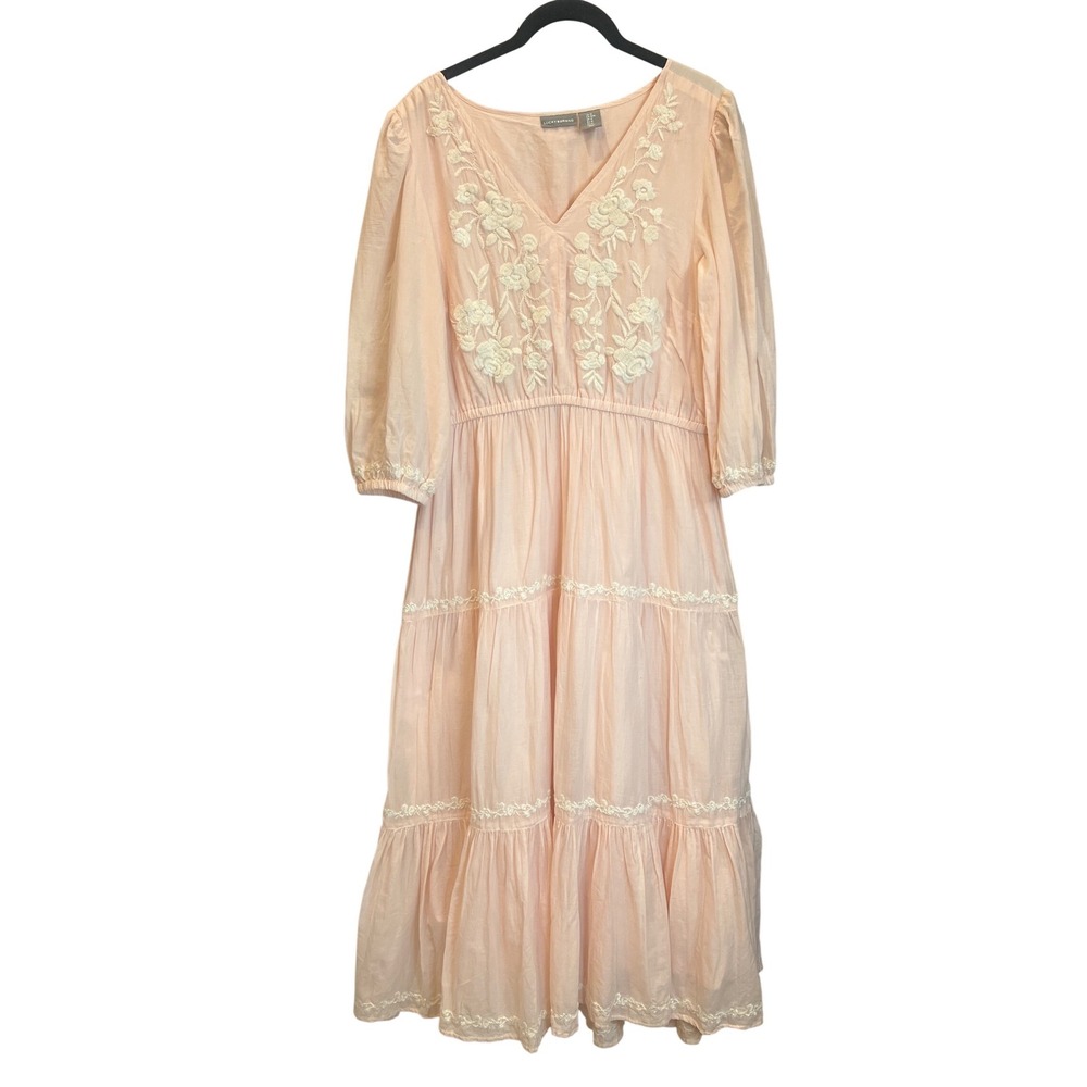 Lucky Brand Peach Cotton Gauze Embroidered Tiered Midi Dress Womens Medium‎ Boho